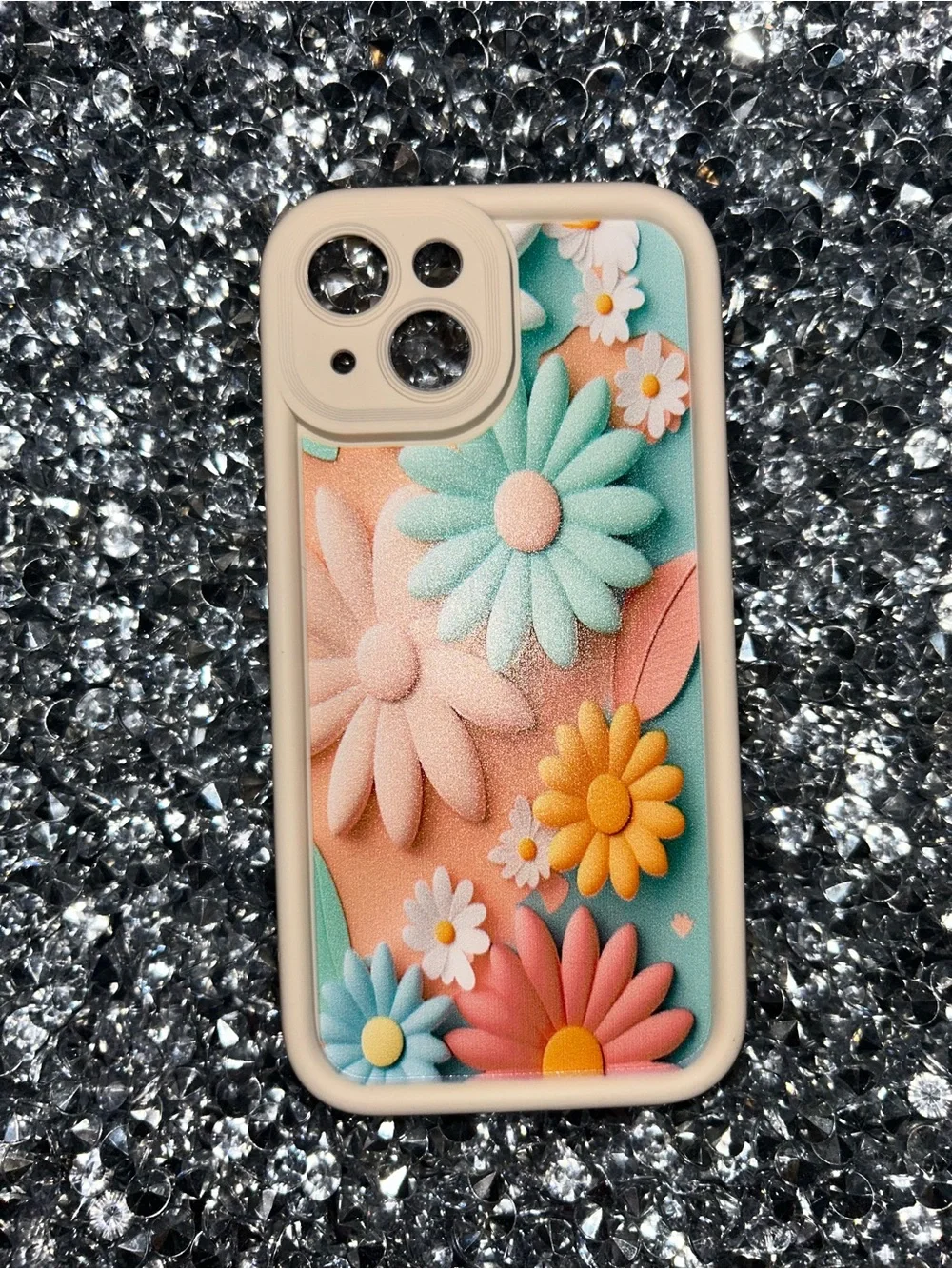 Floral Textured Protective Phone Case - Cream Frame with Multicolor Flowers